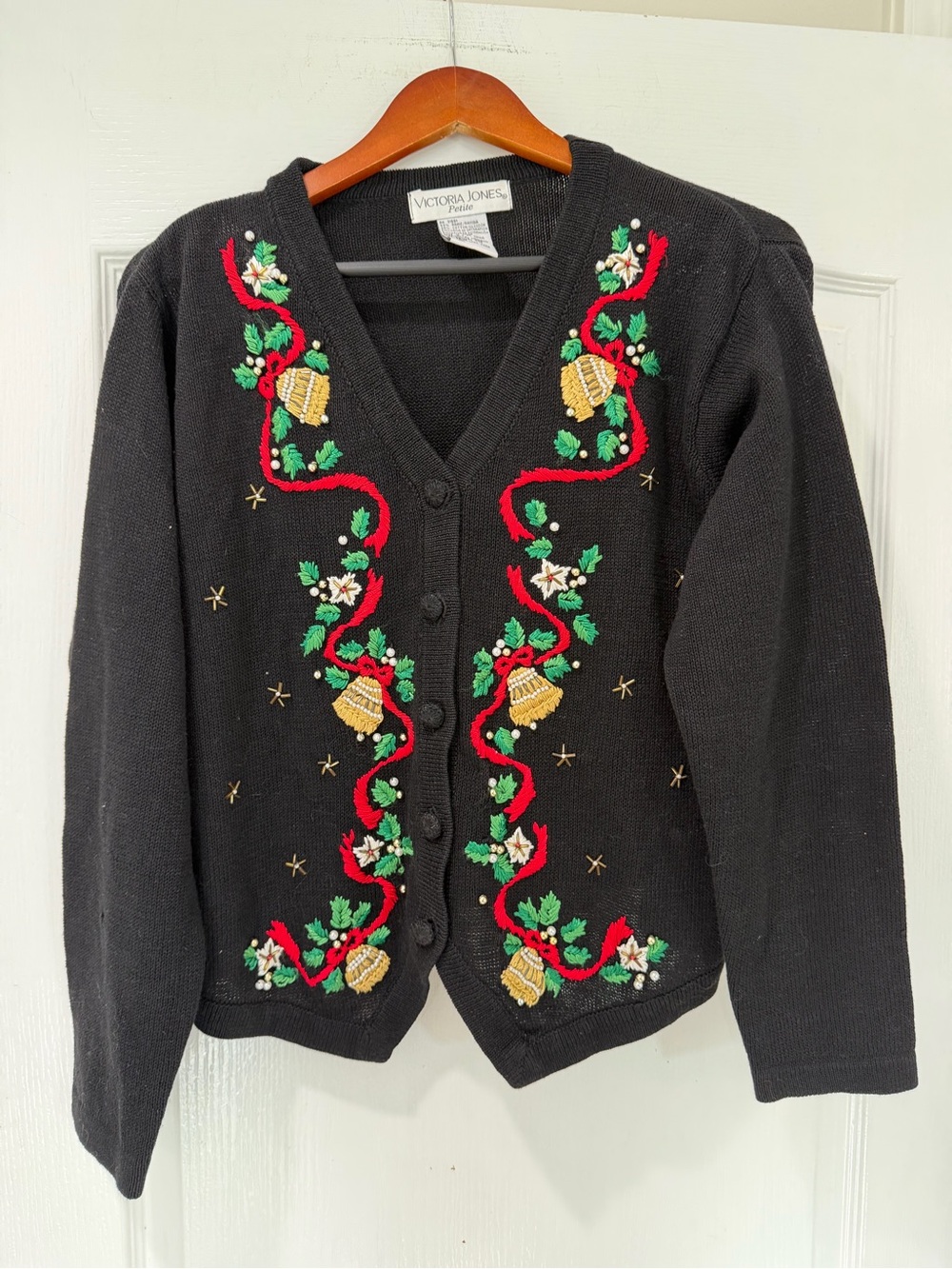 Vintage Victoria Jones petite black knit holiday cardigan size MP